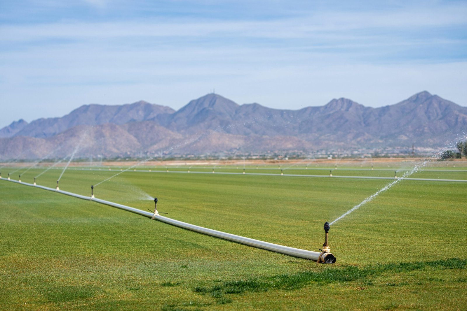 Wide view of a green field being irrigated, with mountains in the background under a clear sky.